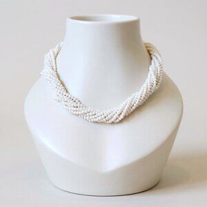 Kenneth Jay Lane KJL Faux Pearl Torsade Necklace Pave Rhinestone Heart Clasp